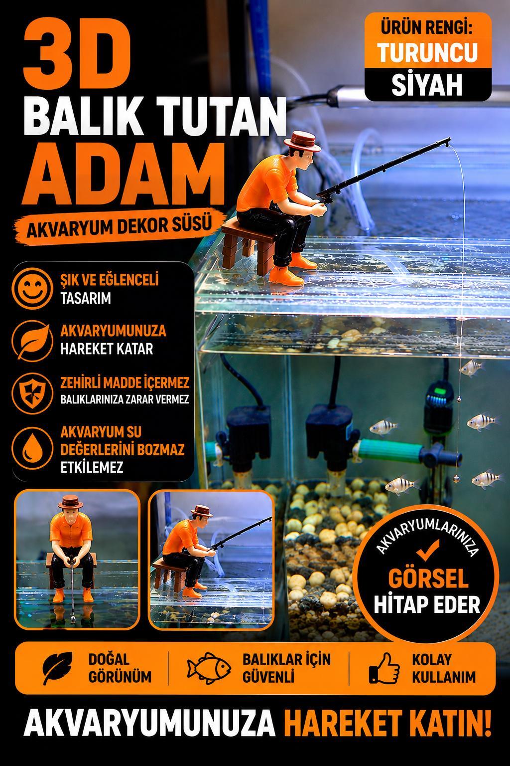 3D Balık Tutan Adam Figür Turuncu Siyah