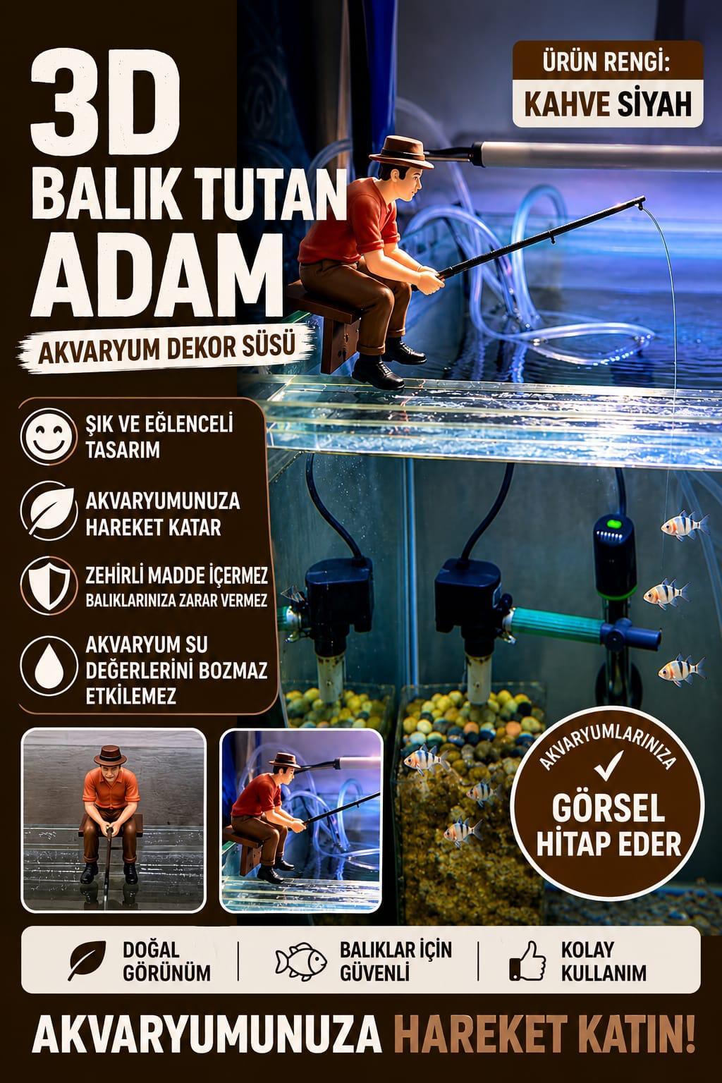 3D Balık Tutan Adam Figür Kahverengi Siyah