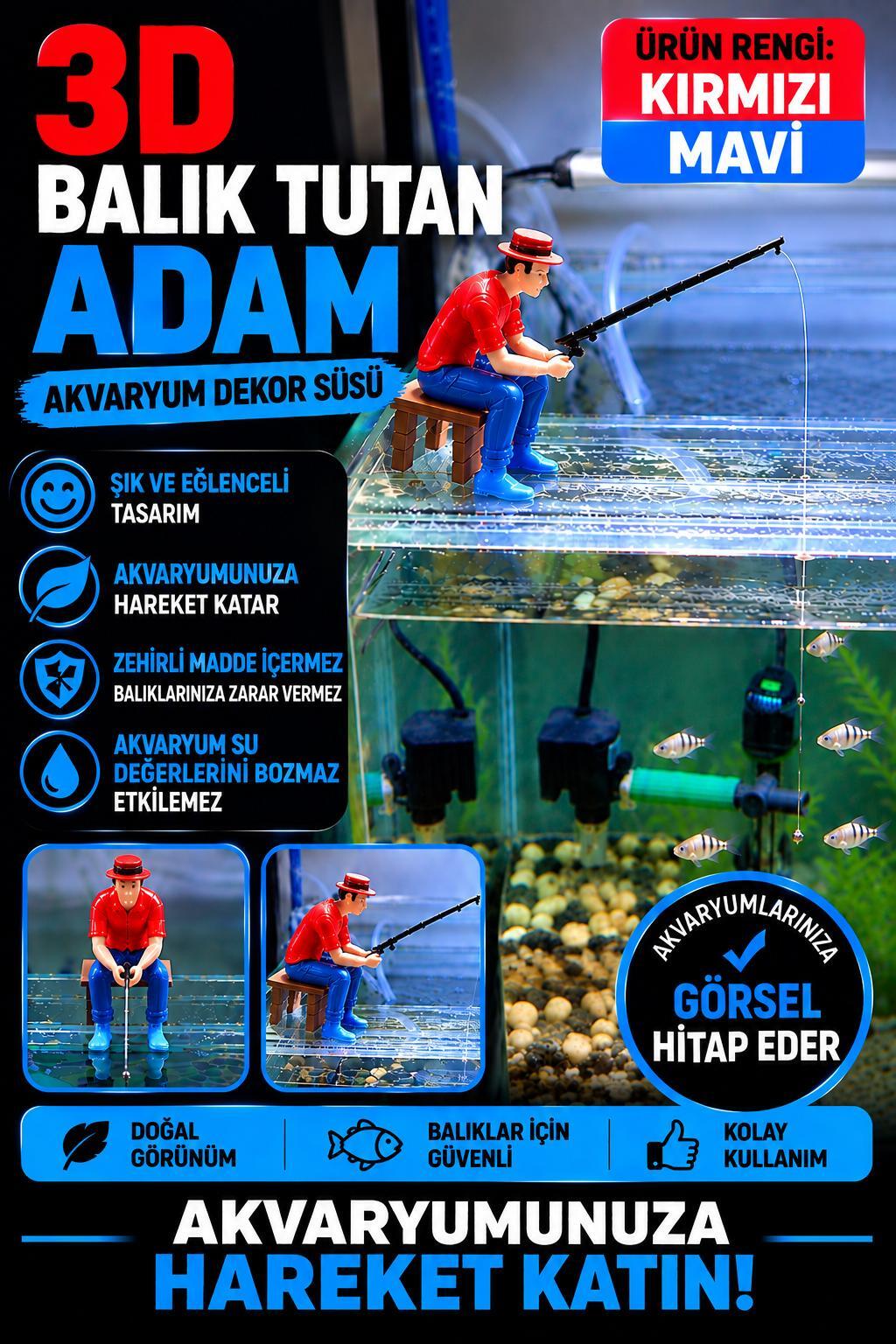 3D Balık Tutan Adam Figür Kırmızı Mavi