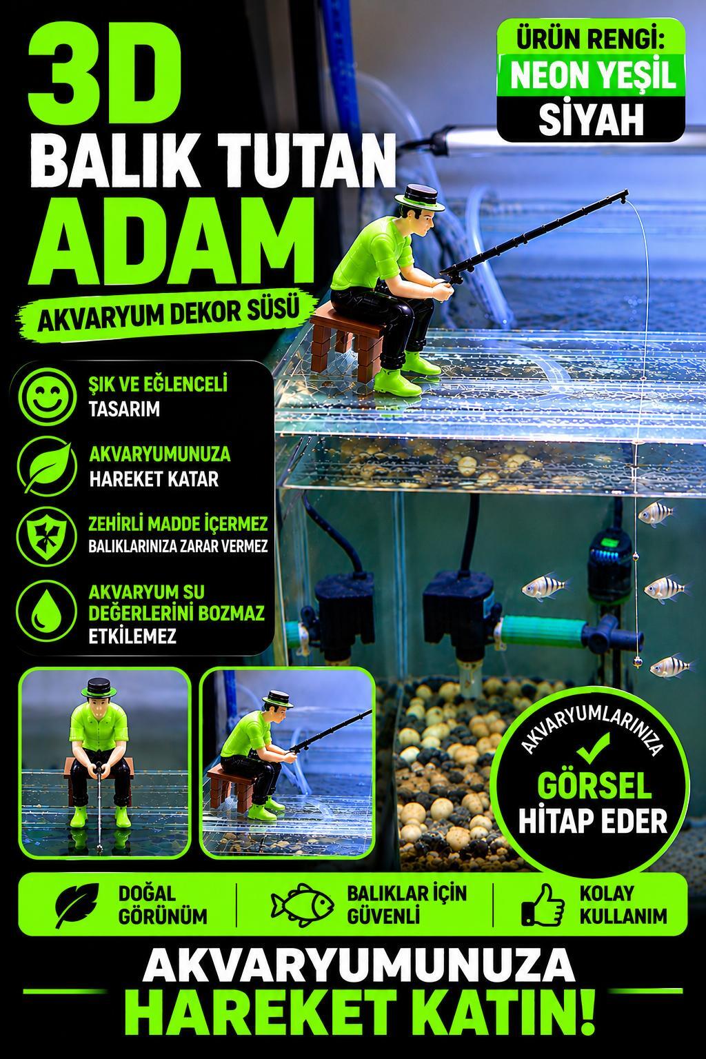 3D Balık Tutan Adam Figür Neon Yeşil Siyah