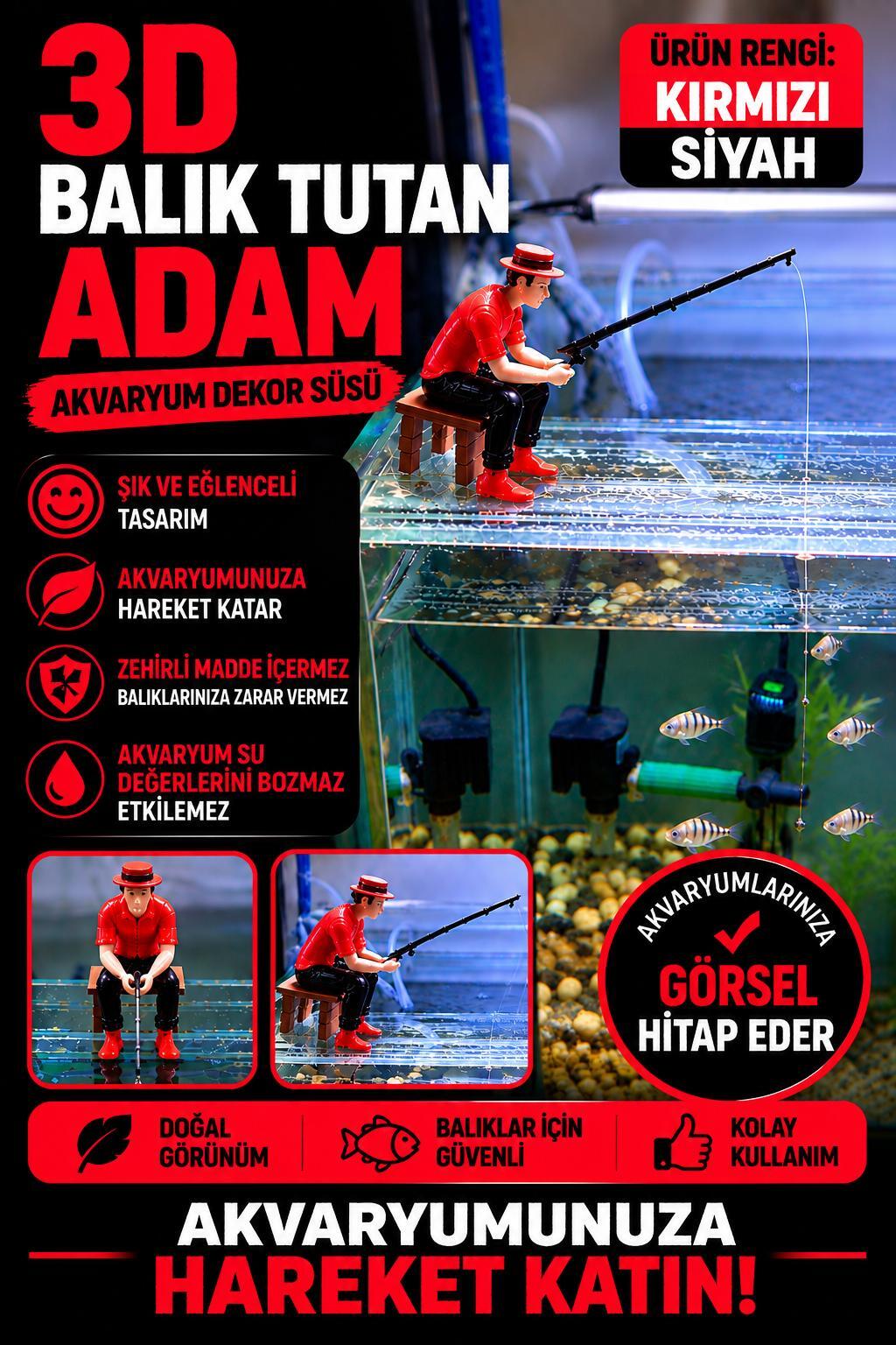 3D Balık Tutan Adam Figür Kırmızı Siyah