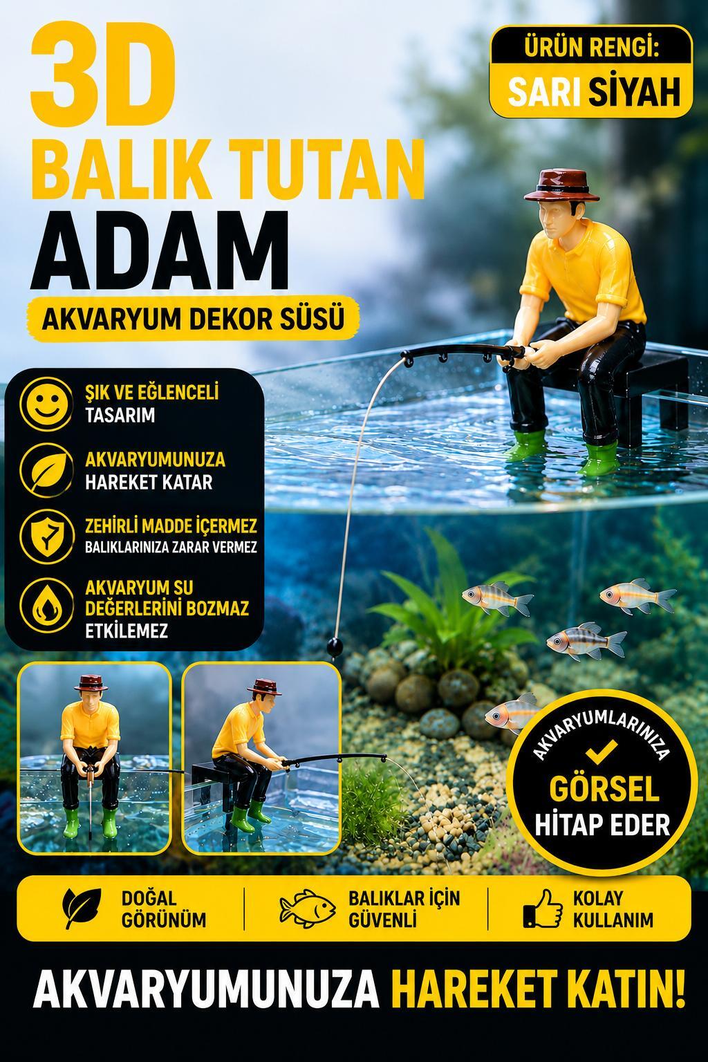 3D Balık Tutan Adam Figür Sarı Siyah