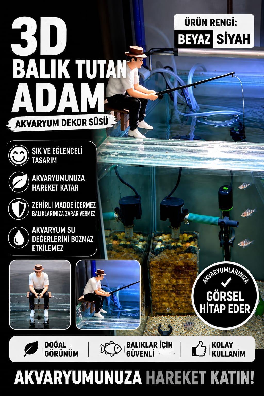 3D Balık Tutan Adam Figür Beyaz Siyah