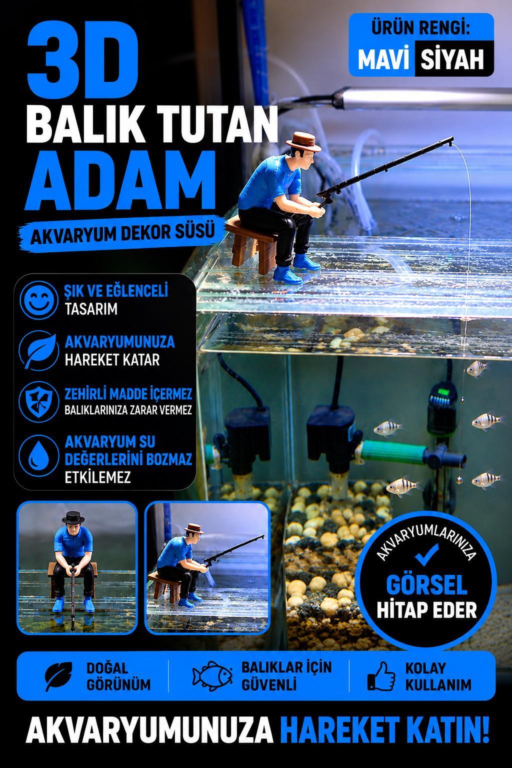 3D Balık Tutan Adam Figür Mavi Siyah
